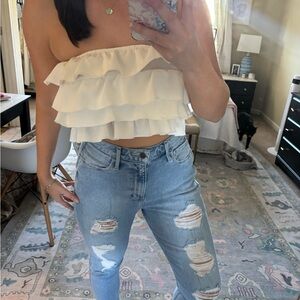 White Ruffle Strapless Top